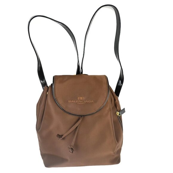 BALENCIAGA Logo Backpack Shoulder Bag Nylon Patent Leather Brown GHW 07TA443 main image 6